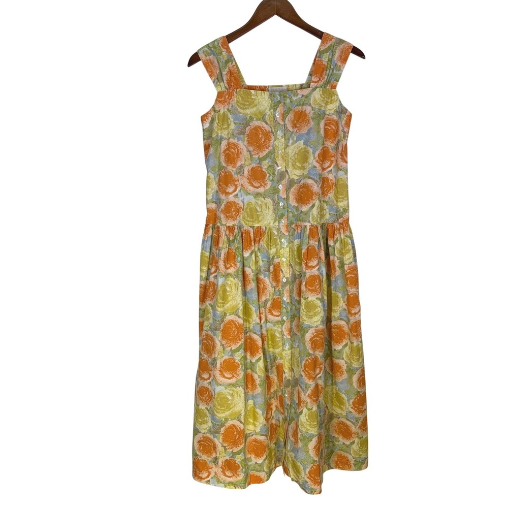 Belle Reve Floral Midi Button Up Dress XS Orange 100% Cotton Japanese Mori Girl